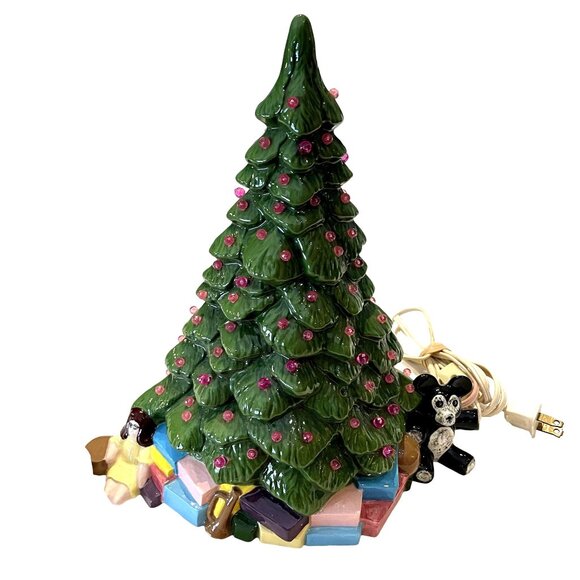 Unique Vintage Handmade Ceramic Green u Christmas Tree Little Girl Presents Tedd - Picture 2 of 16